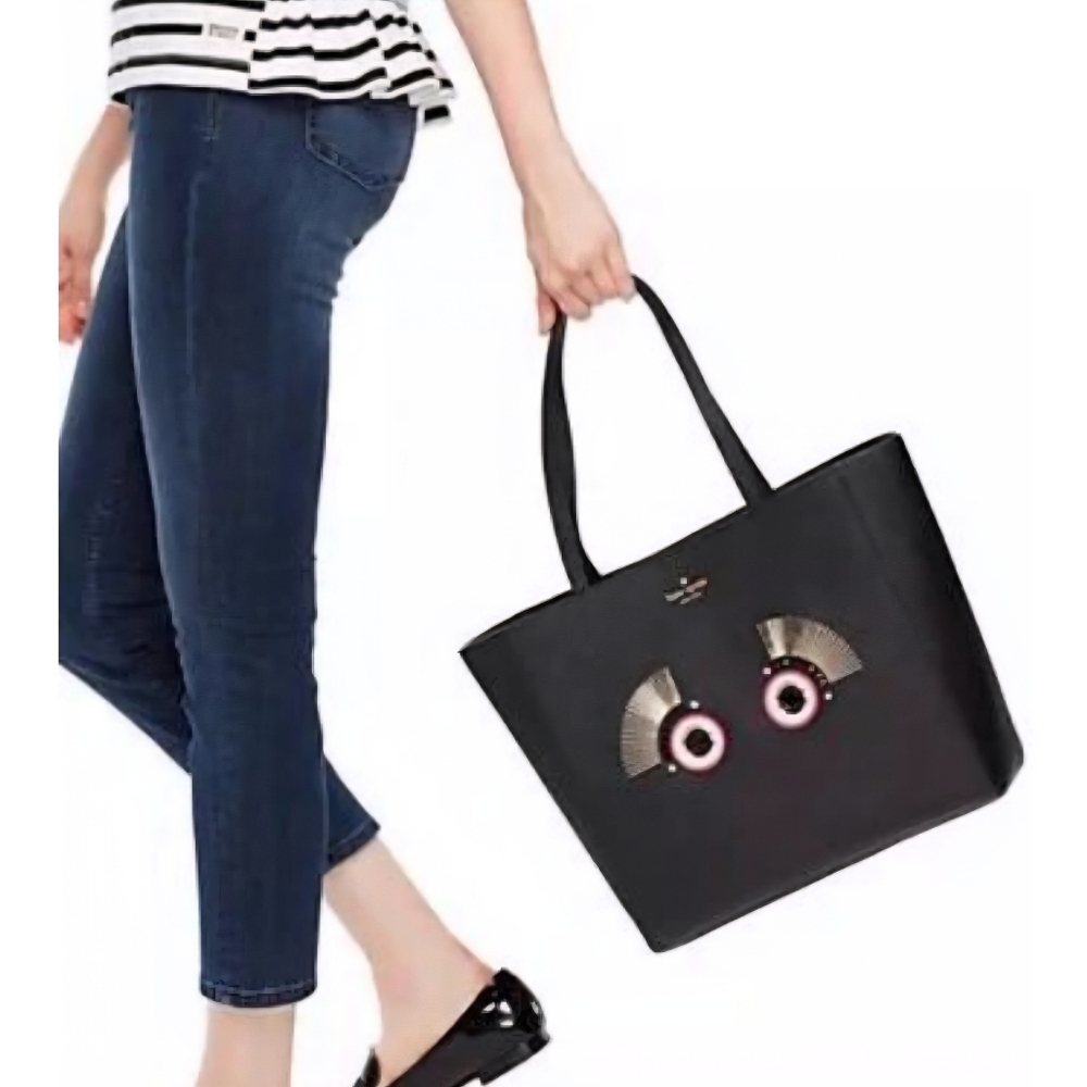 Kate Spade Black Saffiano Leather Warm And Fuzzy Monster Tote Bag